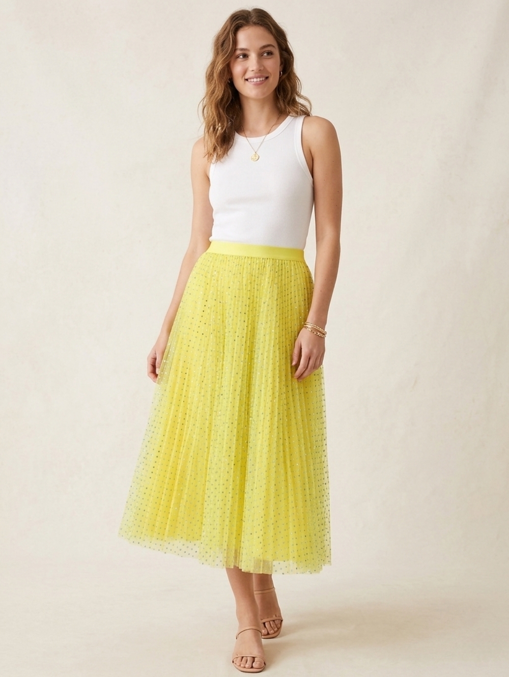 NWT J.Crew Tulle A-line Midi in Lemon Blue Metallic Glitter Dot Pleated Skirt 6